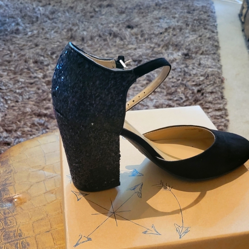 "First Lady" Indigord block heels in black suede/studed heel or red satin